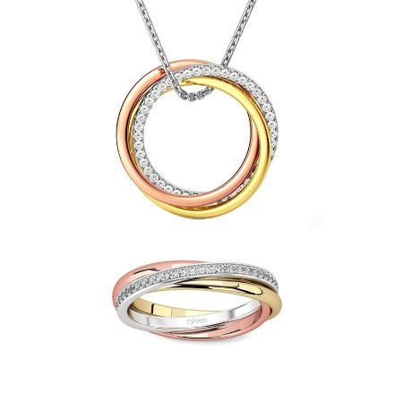 Bortwide "Be Together" Three Tone Round Cut Sterling Silver Jewelry Set