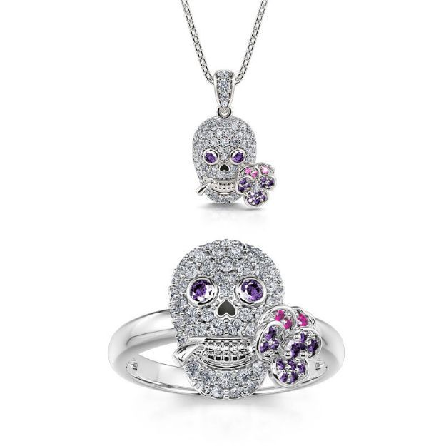 Bortwide "Forever Romance" Skull and Flower Sterling Silver Jewelry Set