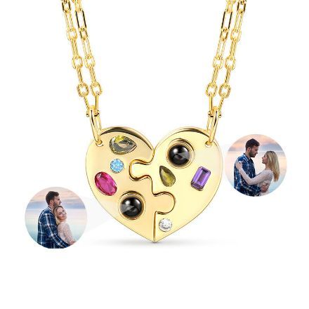 Bortwide Two Half Heart Puzzle Personalized Photo Projection Sterling Silver Necklace