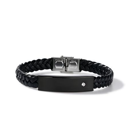 Bortwide Rhinestone Stainless Steel Leather Men's Bracelet