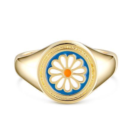 Bortwide Enamel Daisy Signet Sterling Silver Ring