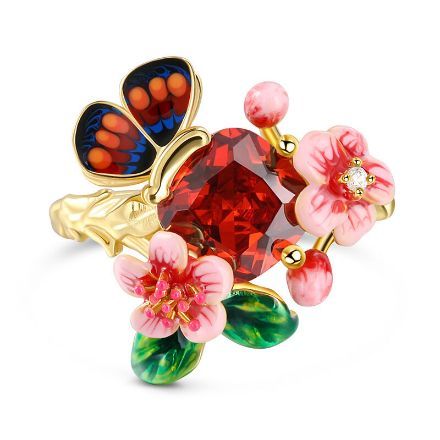 Bortwide "Love Live" Multicolor Enamel Butterfly on Flowers Sterling Silver Ring