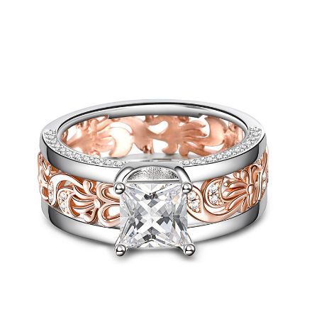 Bortwide Two Tone Princess Cut Floral and Leaf Carved Unique Sterling Silver Ring