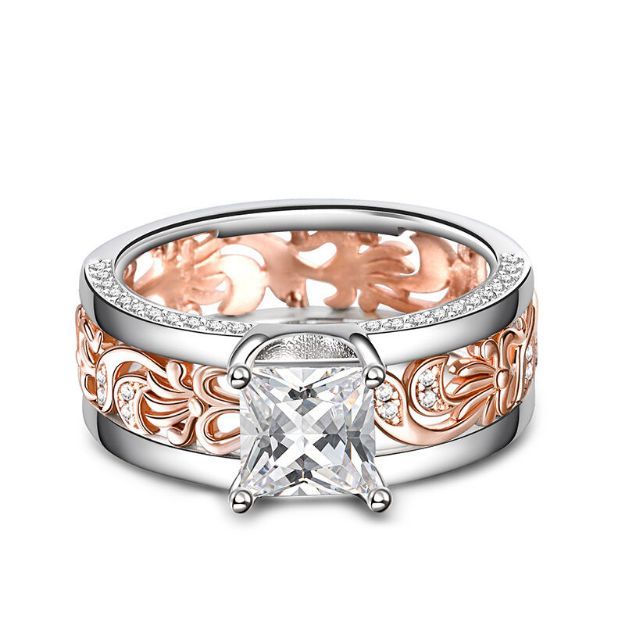 Bortwide Two Tone Princess Cut Floral and Leaf Carved Unique Sterling Silver Ring