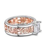 Bortwide Two Tone Princess Cut Floral and Leaf Carved Unique Sterling Silver Ring