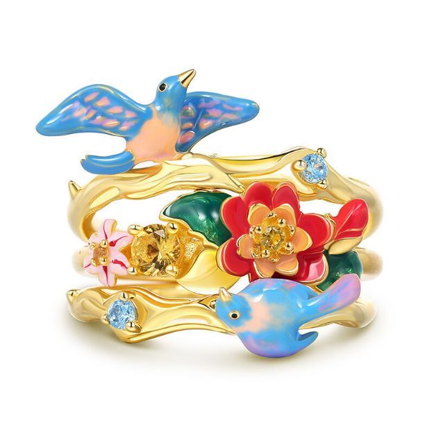 Bortwide "Natural Beauty" Bird&Flower Enamel Sterling Silver Stacking Ring