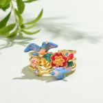 Bortwide "Natural Beauty" Bird&Flower Enamel Sterling Silver Stacking Ring