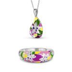 Bortwide "Charming Flower" Multicolored Enamel Sterling Silver Jewelry Set