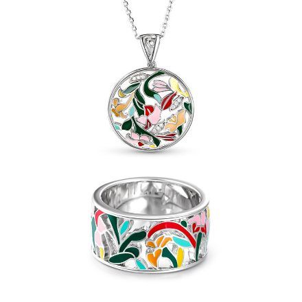 Bortwide "Floral Fantasy" Flower and Leaf Enamel Sterling Silver Jewelry Set