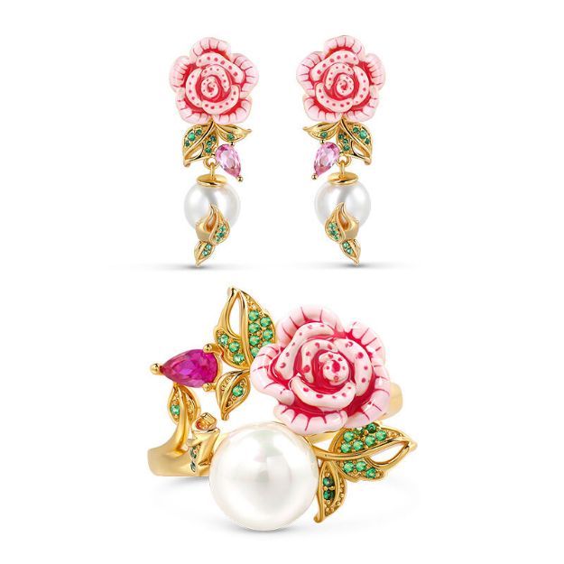 Bortwide "Cherished Love" Rose Flower Cultured Pearl Enamel Sterling Silver Jewelry Set
