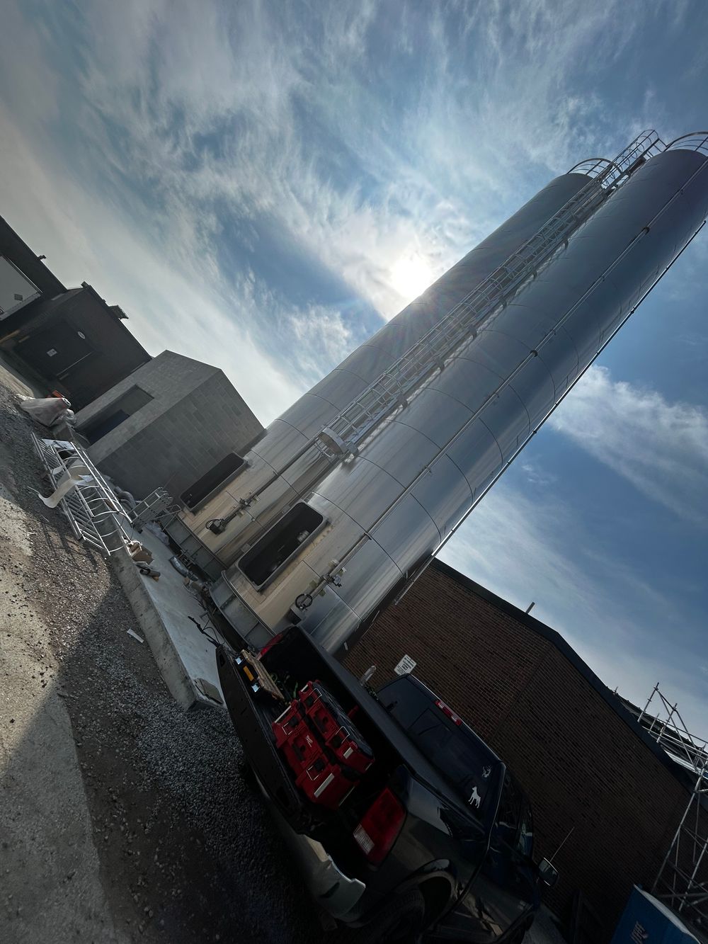 Low-angle view of the new silos at the Crispy Just Baked plant