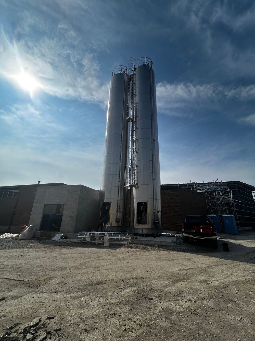 Completed silo pair with scaffolding at the Crispy Just Baked plant