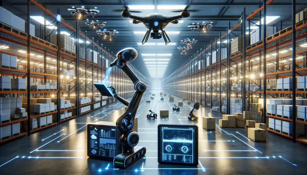 A futuristic warehouse interior with autonomous mobile robots and advanced automated storage and retrieval systems.