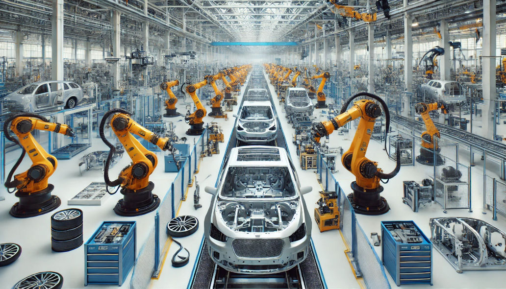 A smart factory with robotic arms, digital displays, and automated guided vehicles.