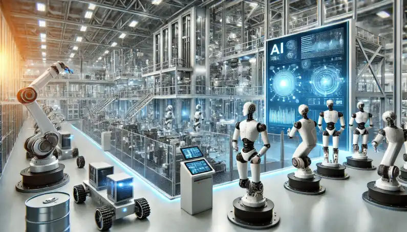 A modern, automated factory with robotic arms and advanced machinery
