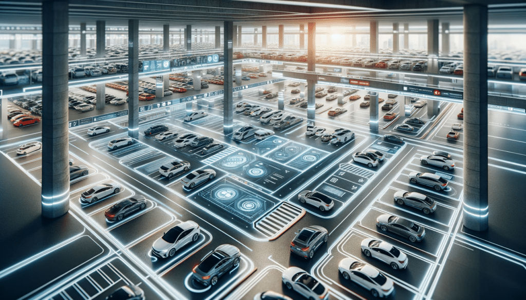 A futuristic parking structure with integrated EV charging, smart guidance systems, and green architectural elements.