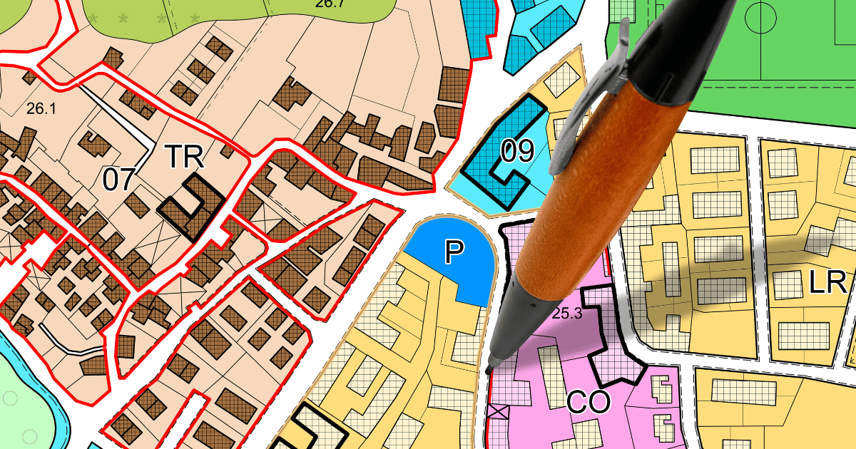 City zoning map with highlighted sections for a minor variance application