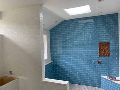 Walk-in shower with blue subway tile and skylight in Georgetown, Texas