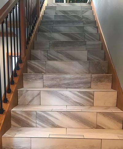 Modern staircase with large format porcelain tile in Lago Vista, Texas