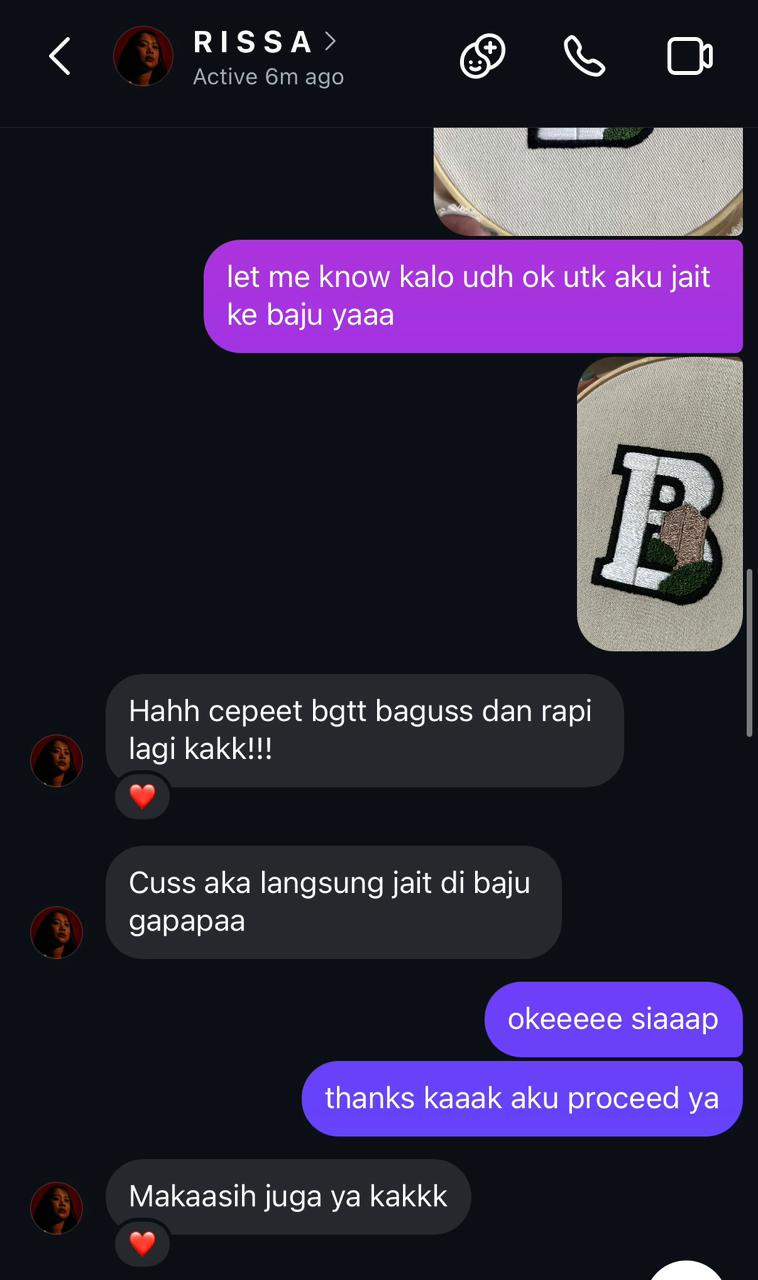 Customer testimony with embroidered piece