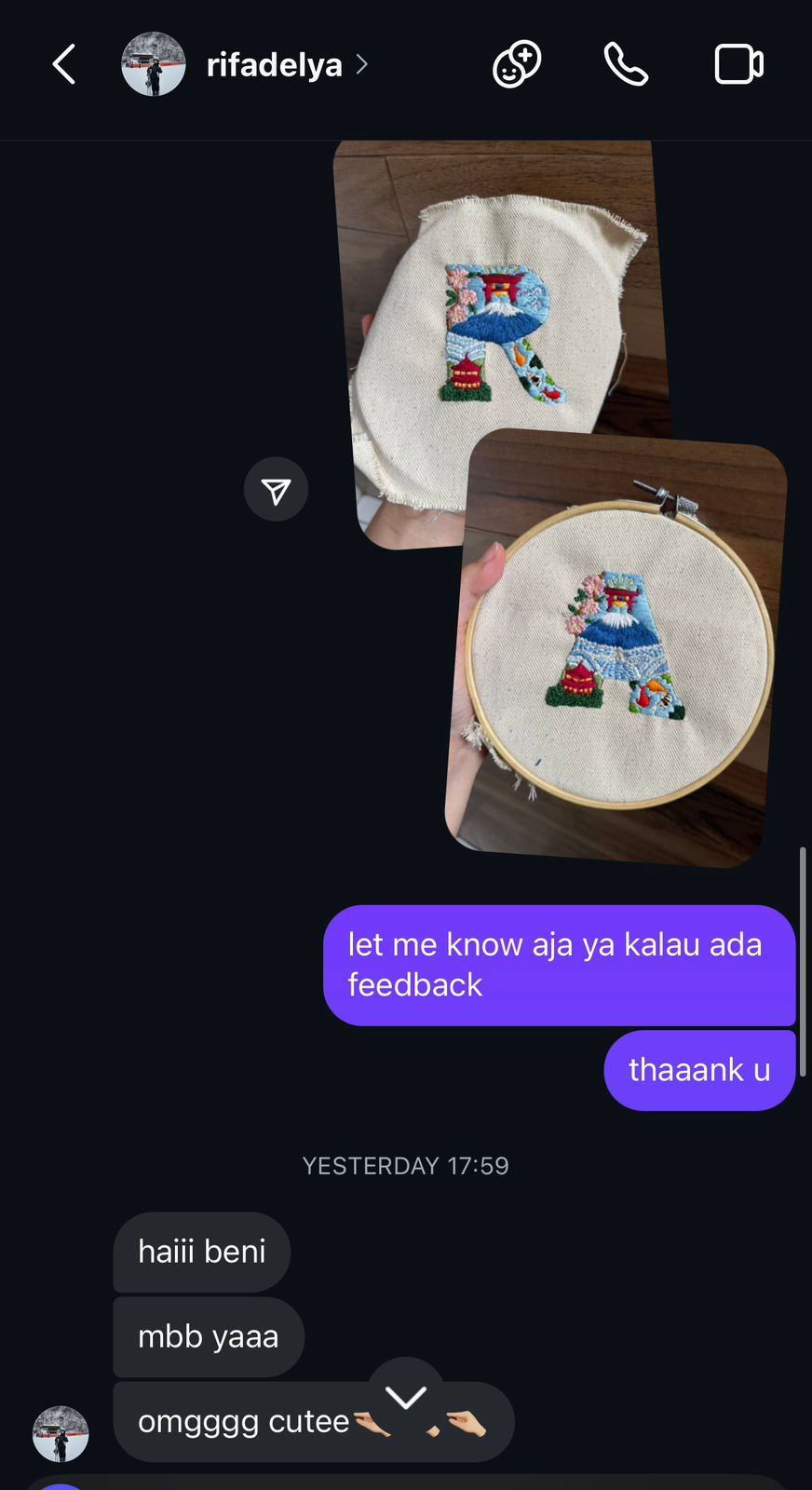 Customer testimony with embroidered piece