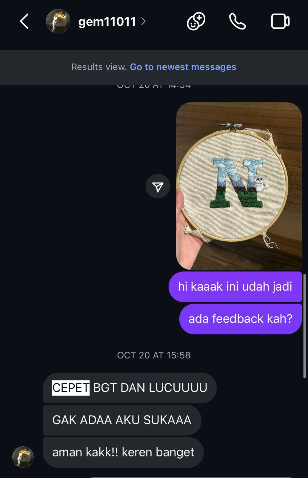 Customer testimony with embroidered piece
