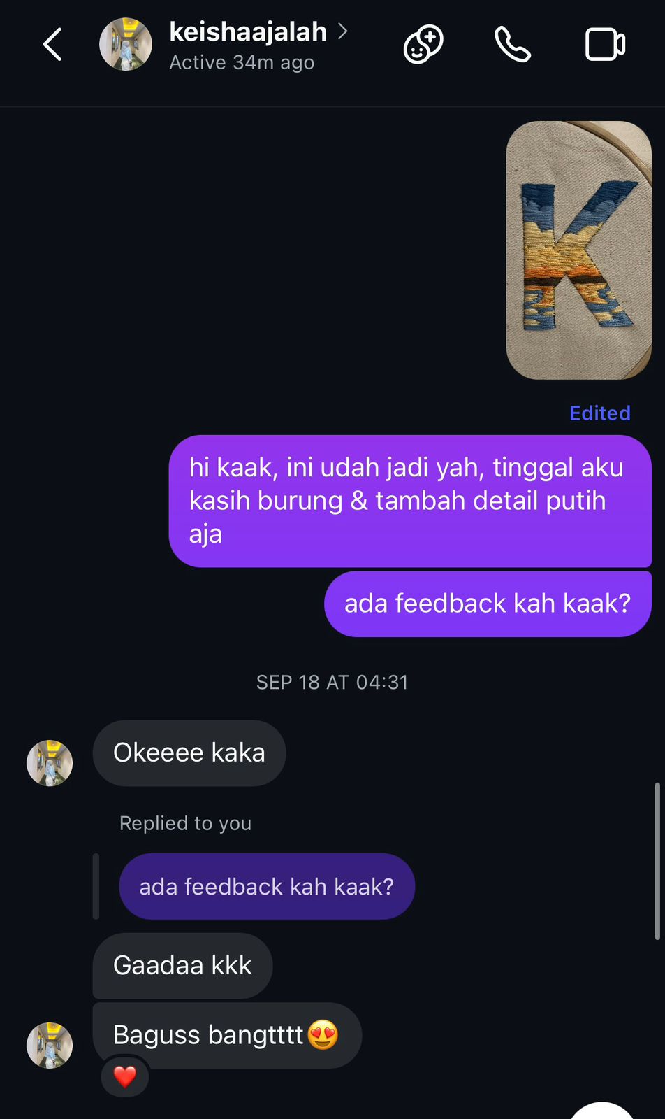 Customer testimony with embroidered piece