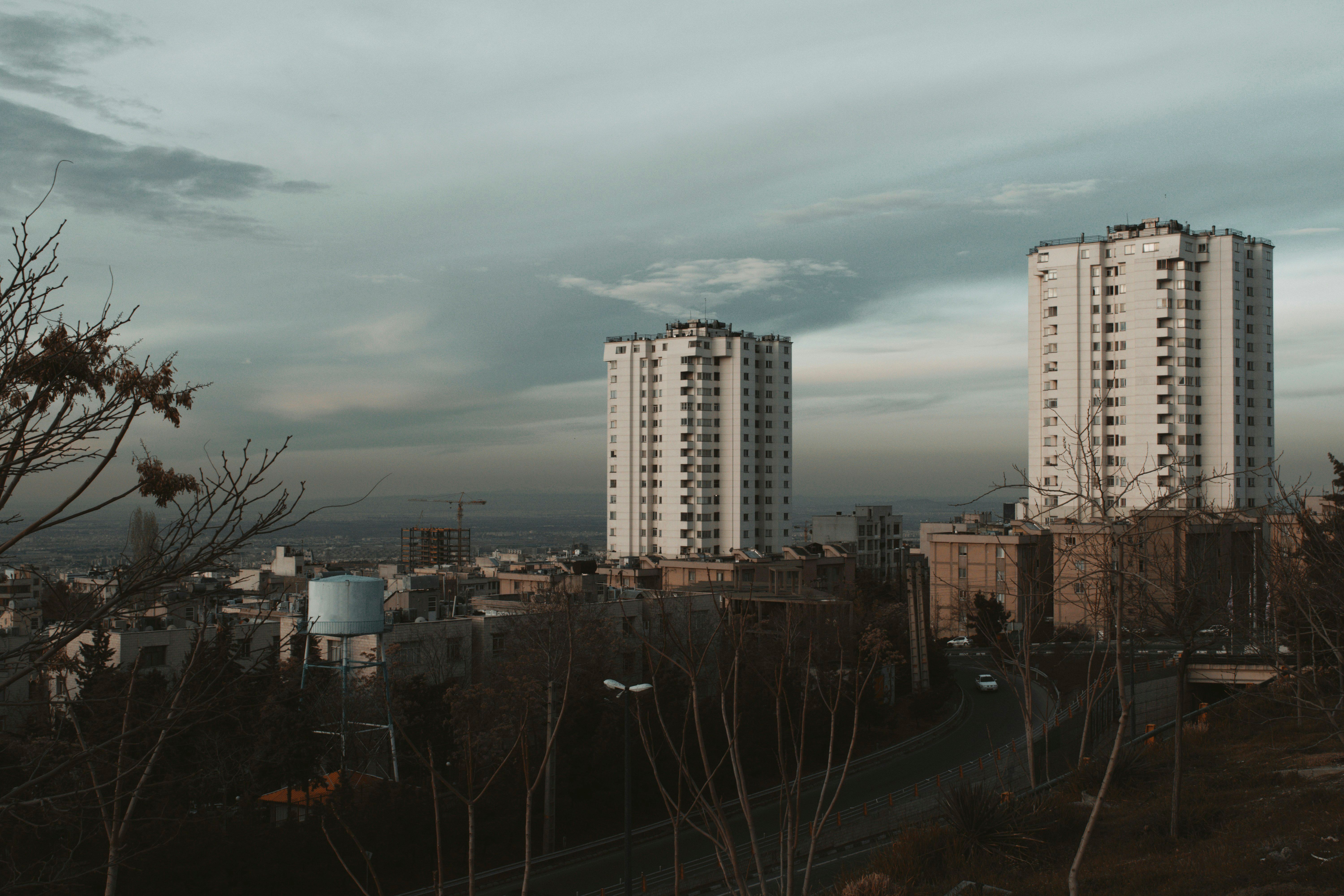 A view of a city with tall buildings