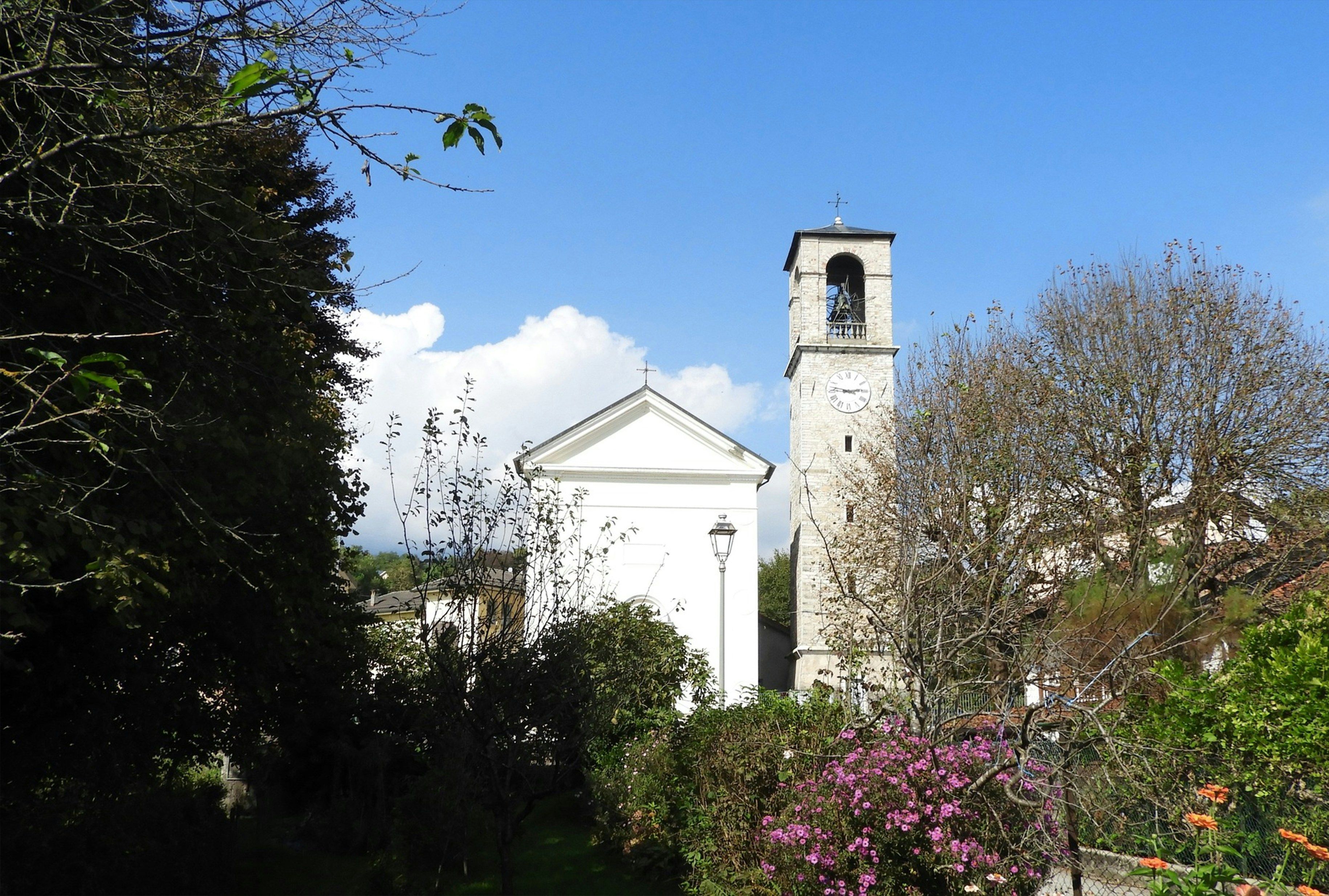 White church with bell tower and trees