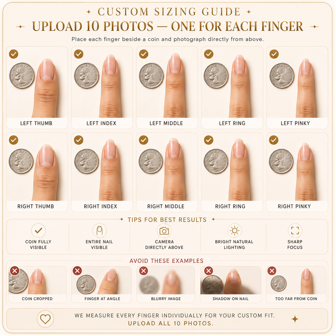 Custom sizing guide: upload one photo of each finger beside any coin
