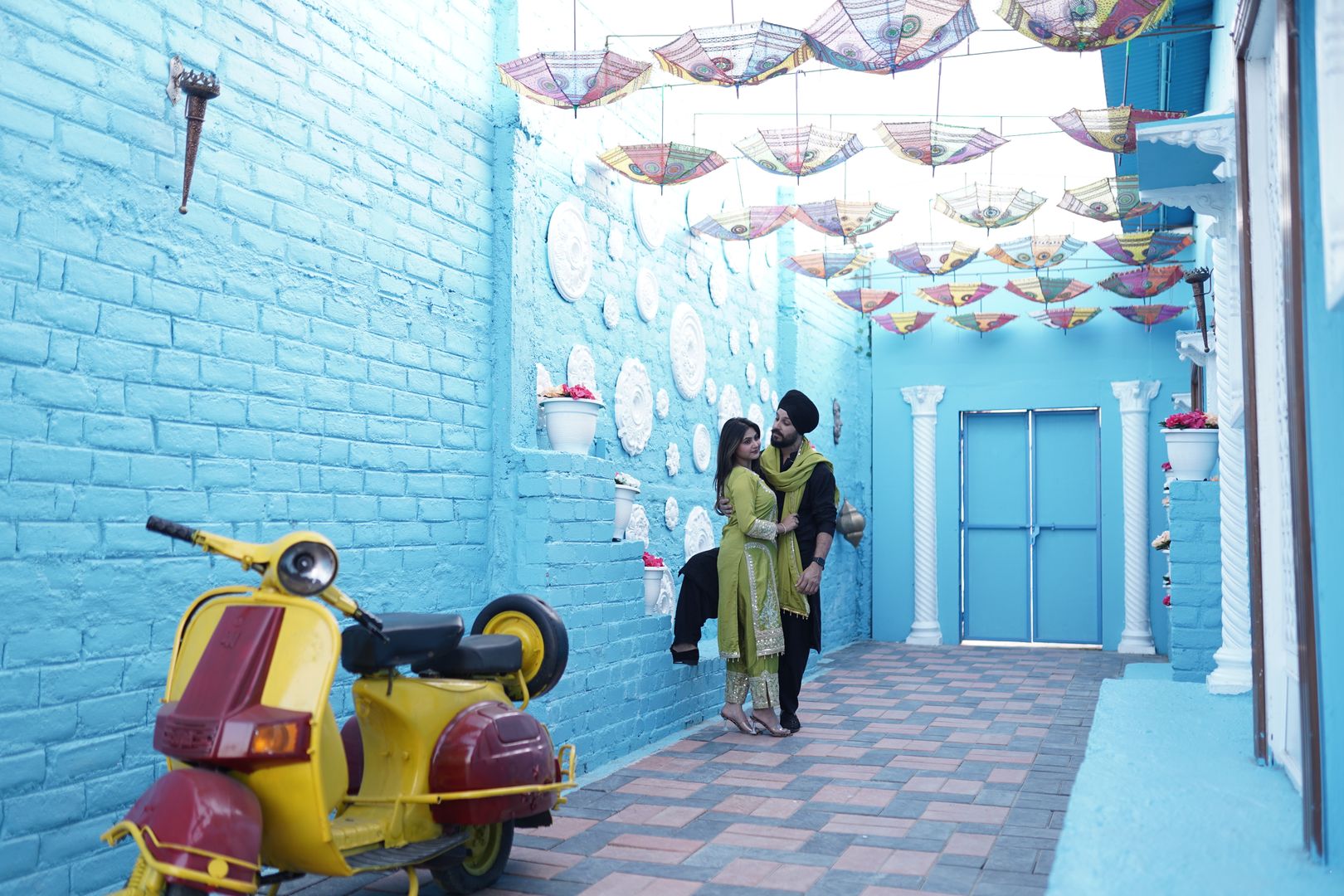 Blue Jodhpur themed photoshoot set with stunning azure walls and intricate motifs inspired by Rajasthan located in Nagpur SEDO