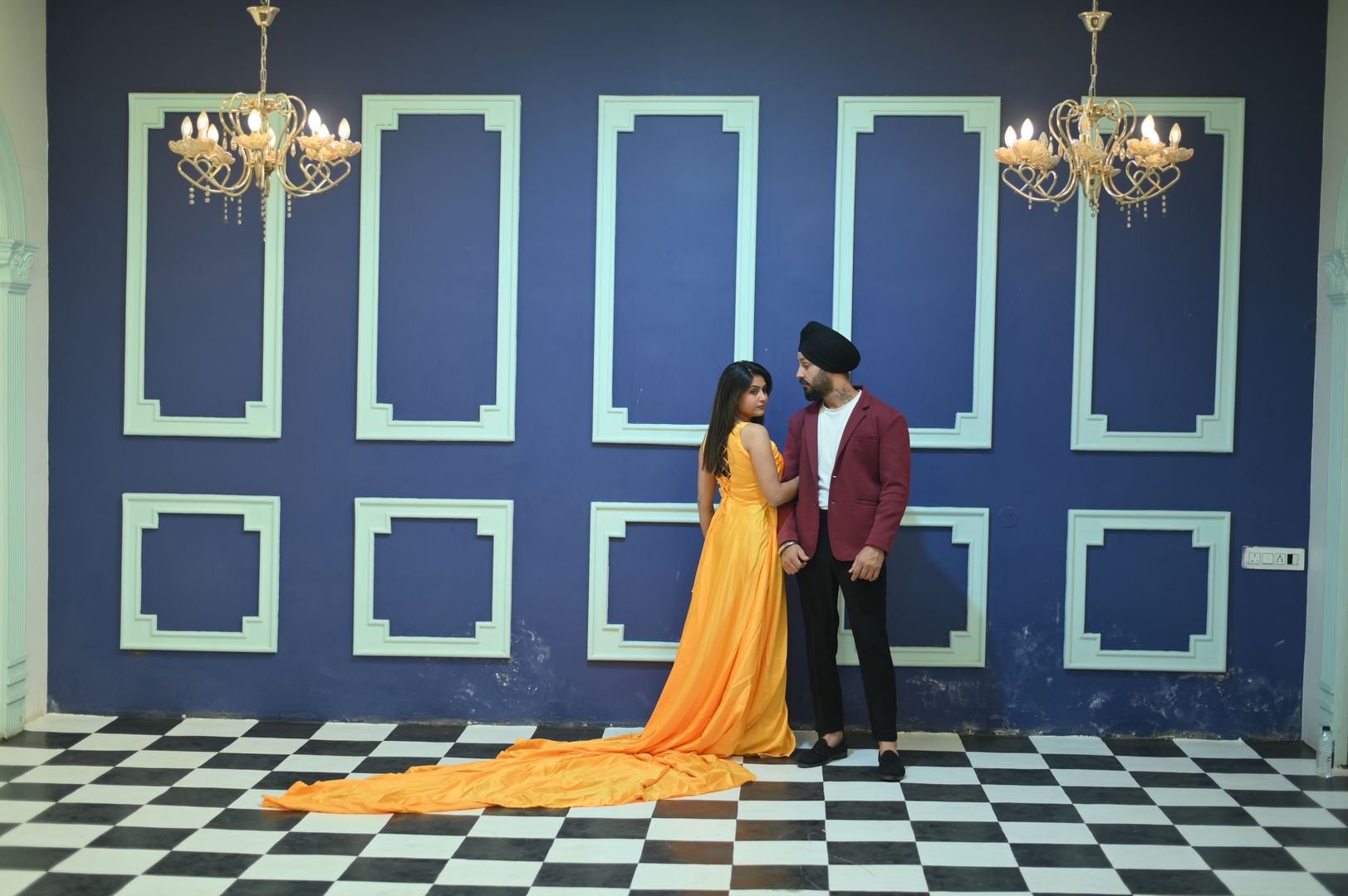 Majestic Flora royal themed photoshoot set with blue and gold interiors for elegant portrait photography located in Nagpur SEDO