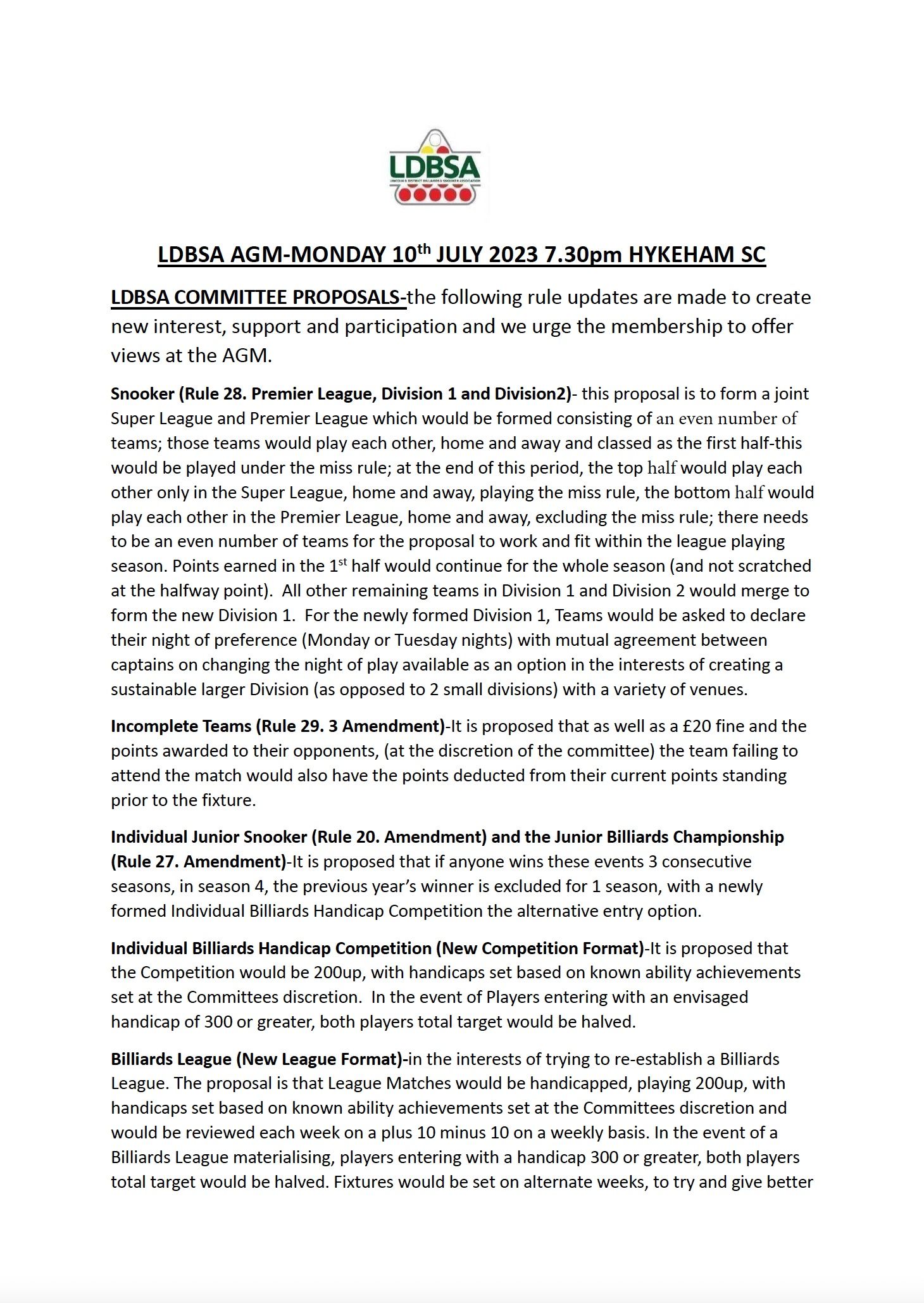 AGM Proposals from the committee .