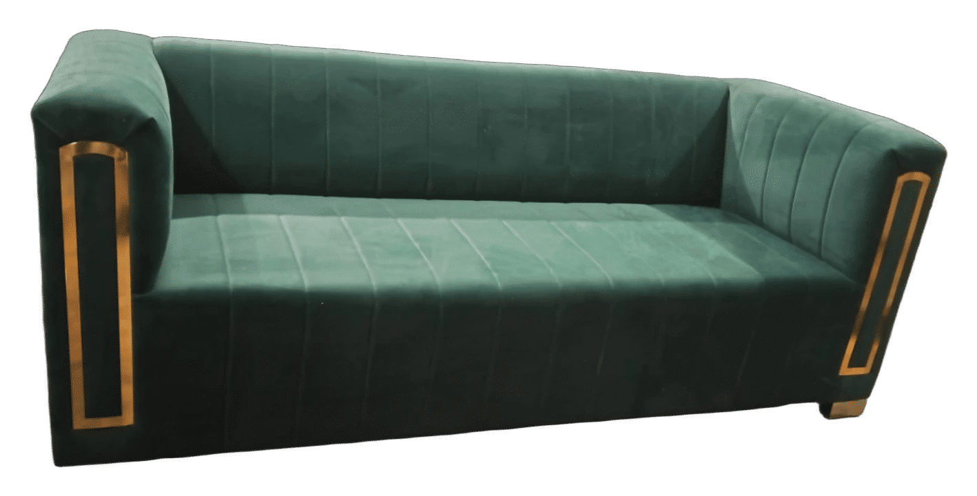 Emerald Green Velvet Channel Tufted Sofa with Gold Accents — Reception & Waiting Area by Salon Factory