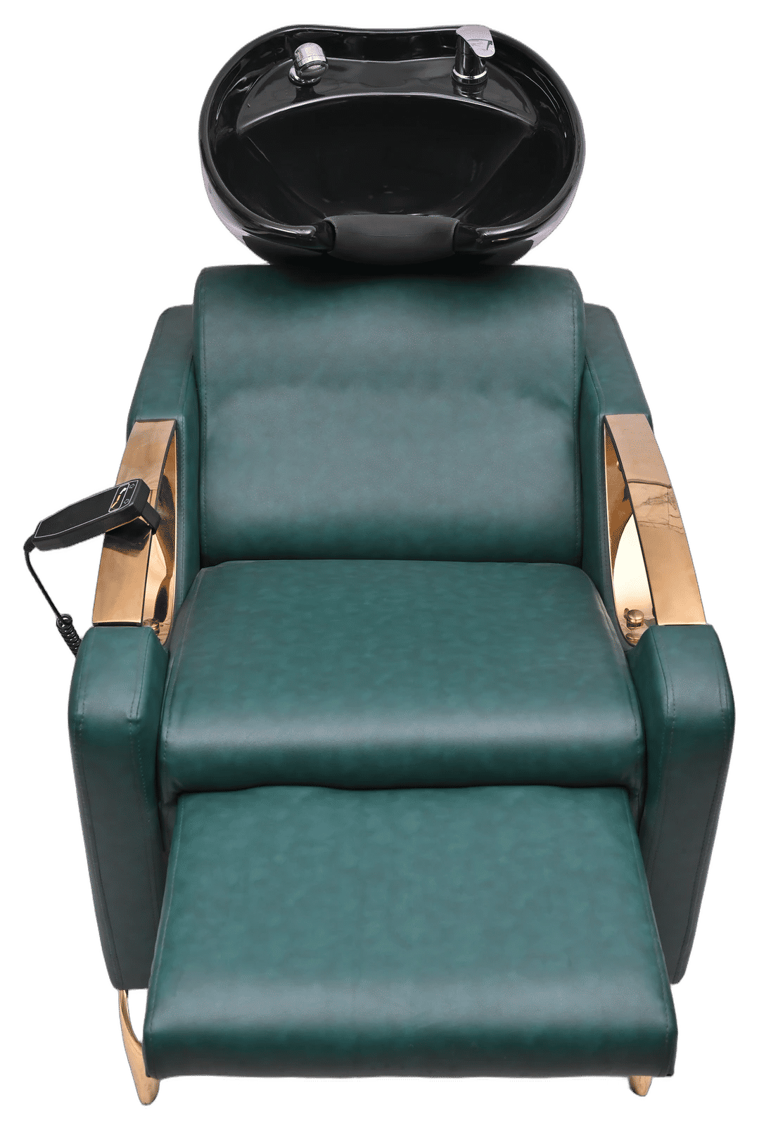 Luxury Emerald Green & Gold Salon Backwash Station with Electric Leg Rest — alternate angle