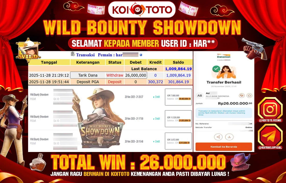 BIG WIN !! KEMENANGAN BESAR DI PERMAINAN WILD BOUNTY SHOWDOWN SEBESAR RP 26.000.000 SECEPAT KILAT LANGSUNG DI BAYAR LUNAS OLEH KOITOTO !!