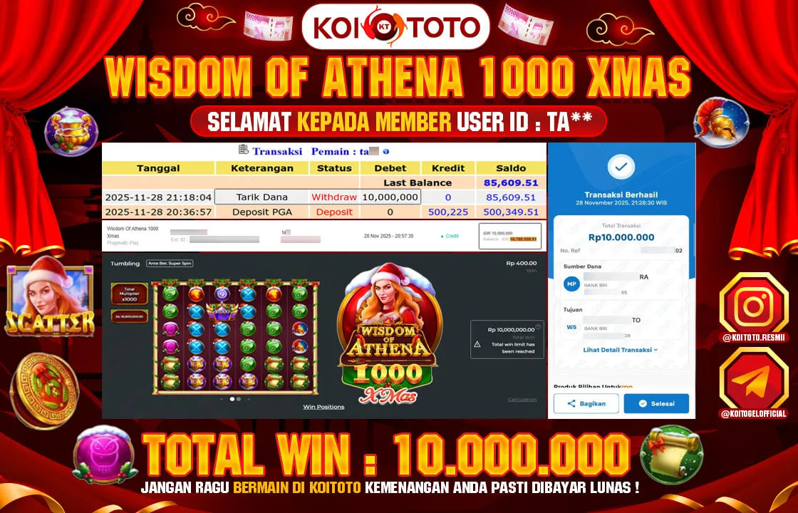 MAX WIN !! KEMENANGAN BESAR DI PERMAINAN WISDOM OF ATHENA 1000 XMAS  SEBESAR RP 10.000.000 SECEPAT KILAT LANGSUNG DI BAYAR LUNAS OLEH KOITOTO !!