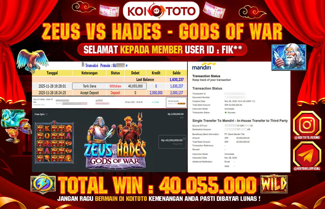 MEGA WIN !! MENANG BESAR DI PERMAINAN ZEUS VS HADES - GODS OF WAR !!! KOITOTO BAYAR LANGSUNG LUNAS SEBESAR Rp 40.055.000 !!!