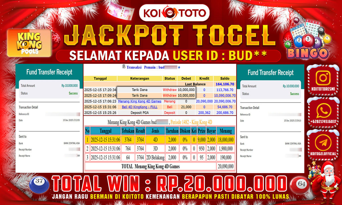 JACKPOT TOGEL !! MENANG BESAR DI PASARAN KINGKONG 4D SEBESAR RP 20.000.000 !!  KOITOTO DIBAYAR SECEPAT KILAT