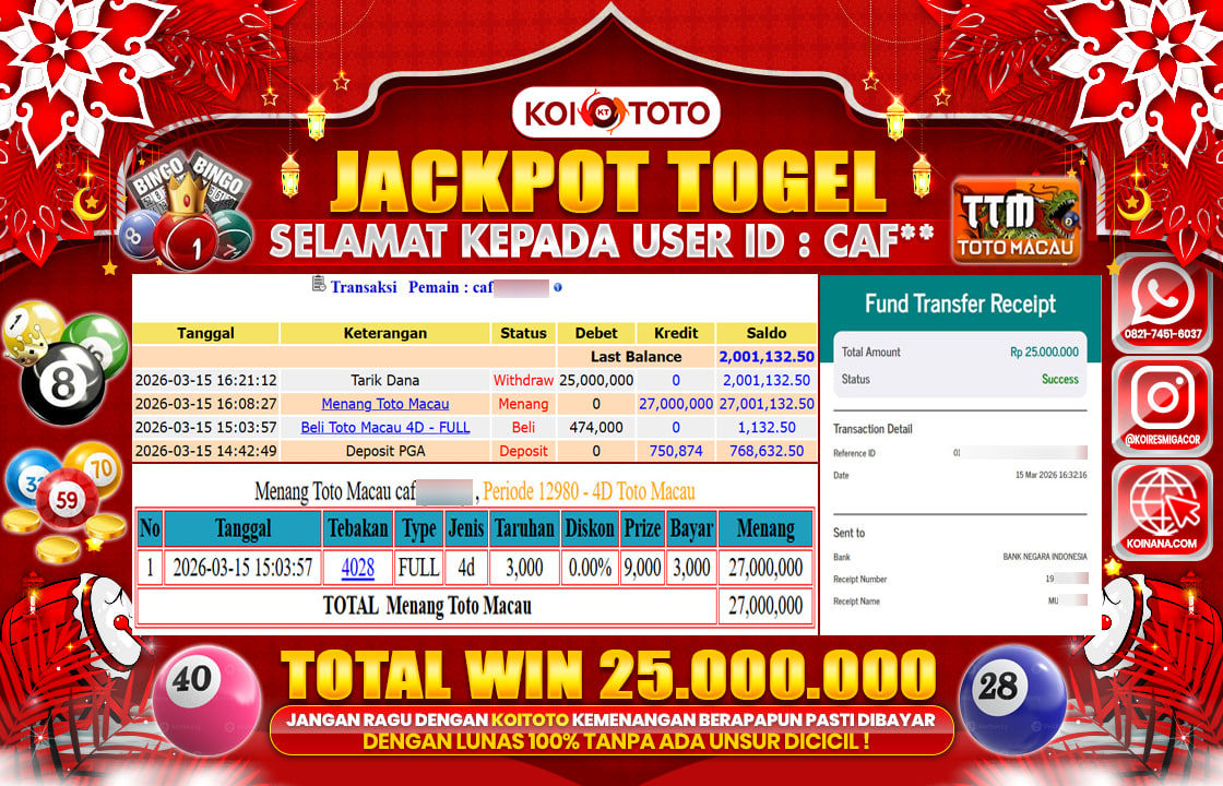 JACKPOT TOGEL !! MENANG BESAR DI PASARAN TOTO MACAU SEBESAR RP 25.000.000 !!  KOITOTO DIBAYAR SECEPAT KILAT