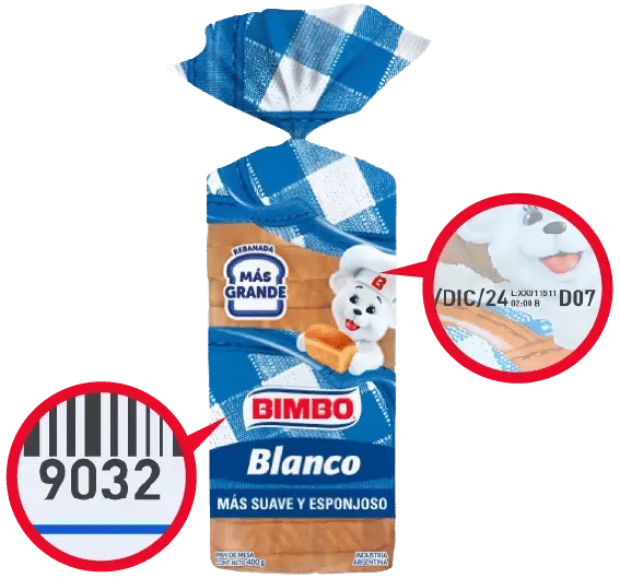 Imágen para identificar el código de barras y fecha en paquete Bimbo
