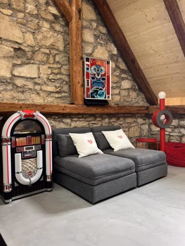 MARYS family friendly Apartments,VISIT RHINE FALLS for FREE if you stay 2 nights, SOHO 95m2 2-Bedrooms 2nd floor & SOUTH BEACH 105m2 3-Bedrooms & LOFT 115m2 3-Bedrooms Suite with Galerie,LOFT Netz 20m2, Pinball, Schaffhausen-Hemmental, Rheinfall 10 km — foto 7