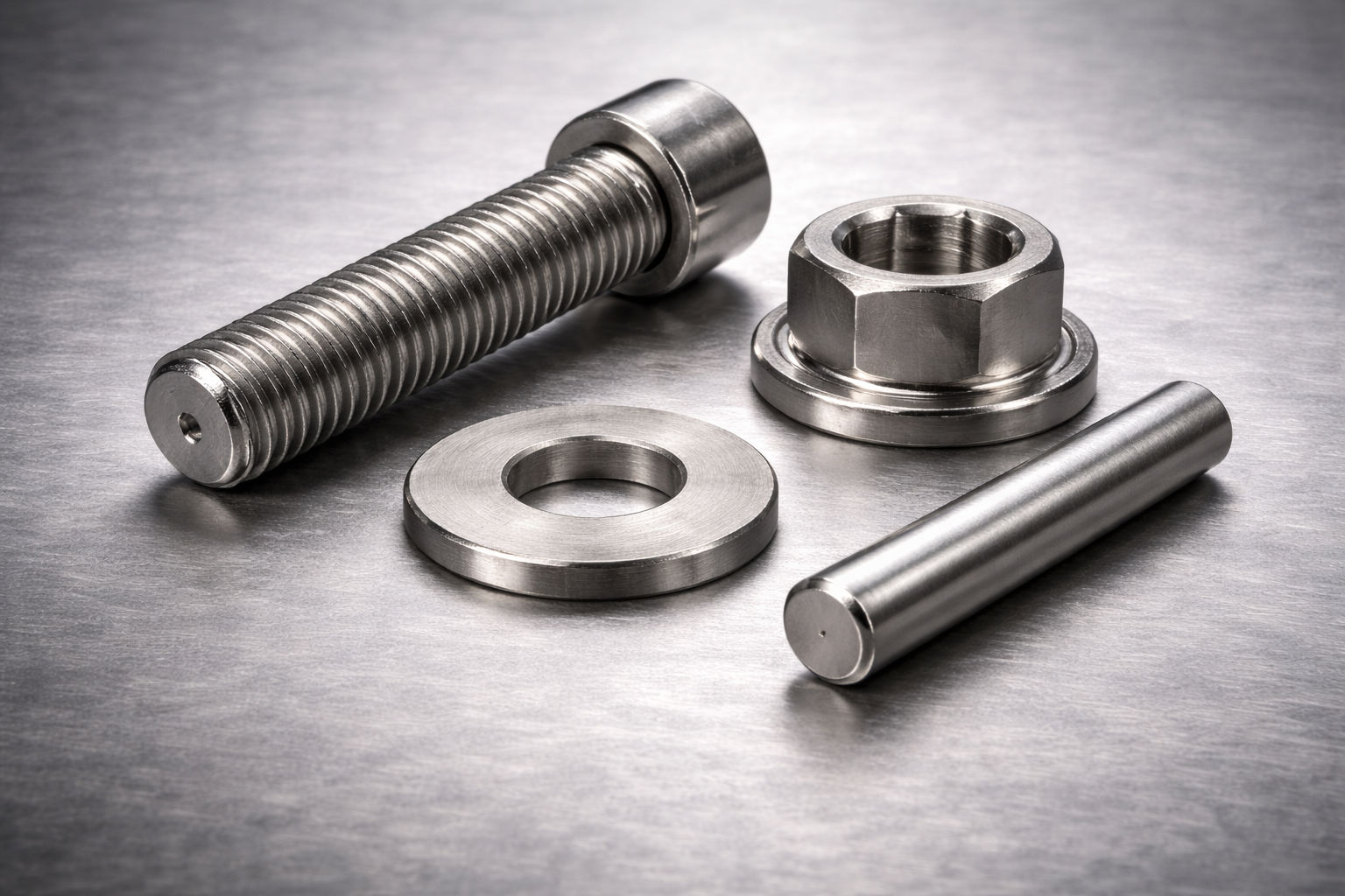 Close up stainless alloy fasteners including a socket head cap screw, flange nut, washer, and dowel pin