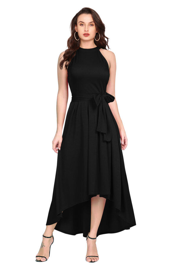 Lady Jackson Noir Flow Maxi dress, a sleek black halter neck maxi with a graceful silhouette, perfect for casual and party occasions.