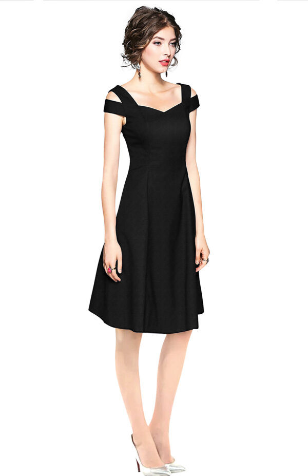 Black Off-Shoulder V-Neck Knee-Length Dress - Image 2
