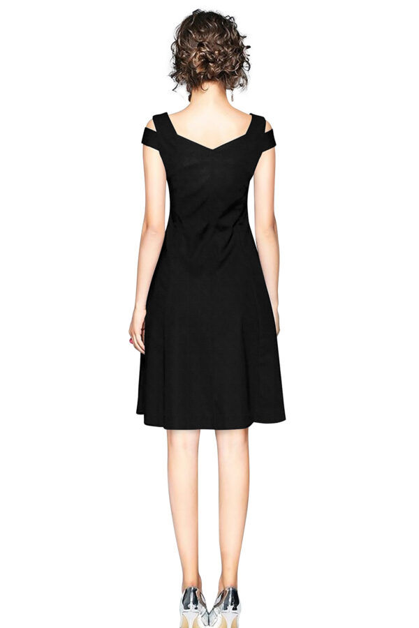 Black Off-Shoulder V-Neck Knee-Length Dress - Image 4