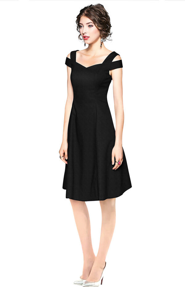Black Off-Shoulder V-Neck Knee-Length Dress - Image 3