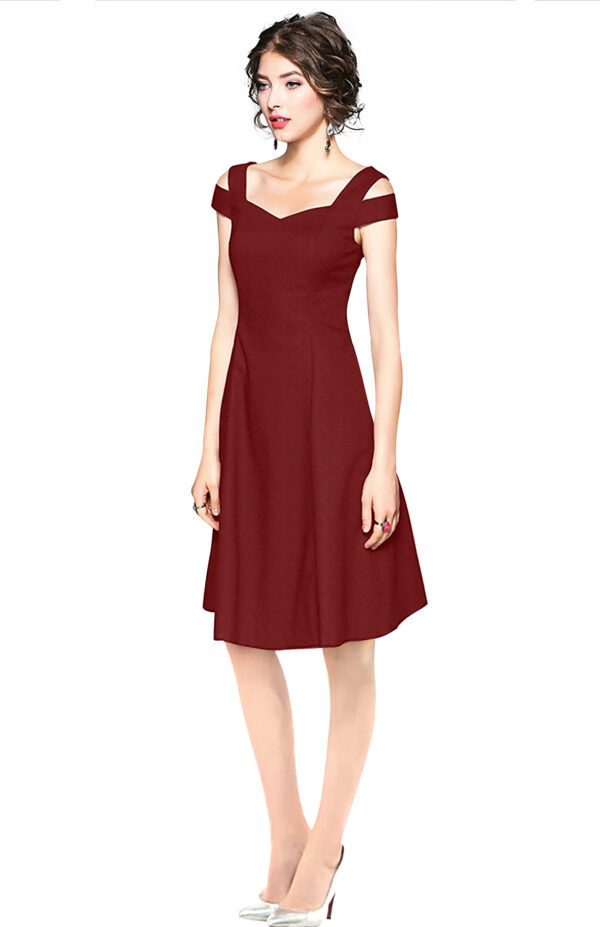 Maroon Off-Shoulder V-Neck Knee-Length Dress - Image 3