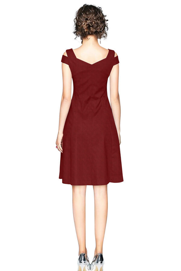 Maroon Off-Shoulder V-Neck Knee-Length Dress - Image 4
