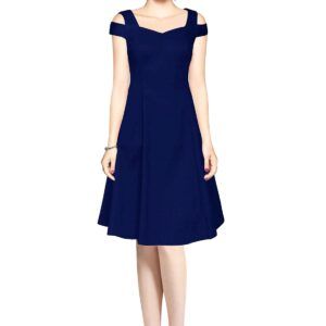 Navy Blue Off-Shoulder V-Neck Knee-Length Dress